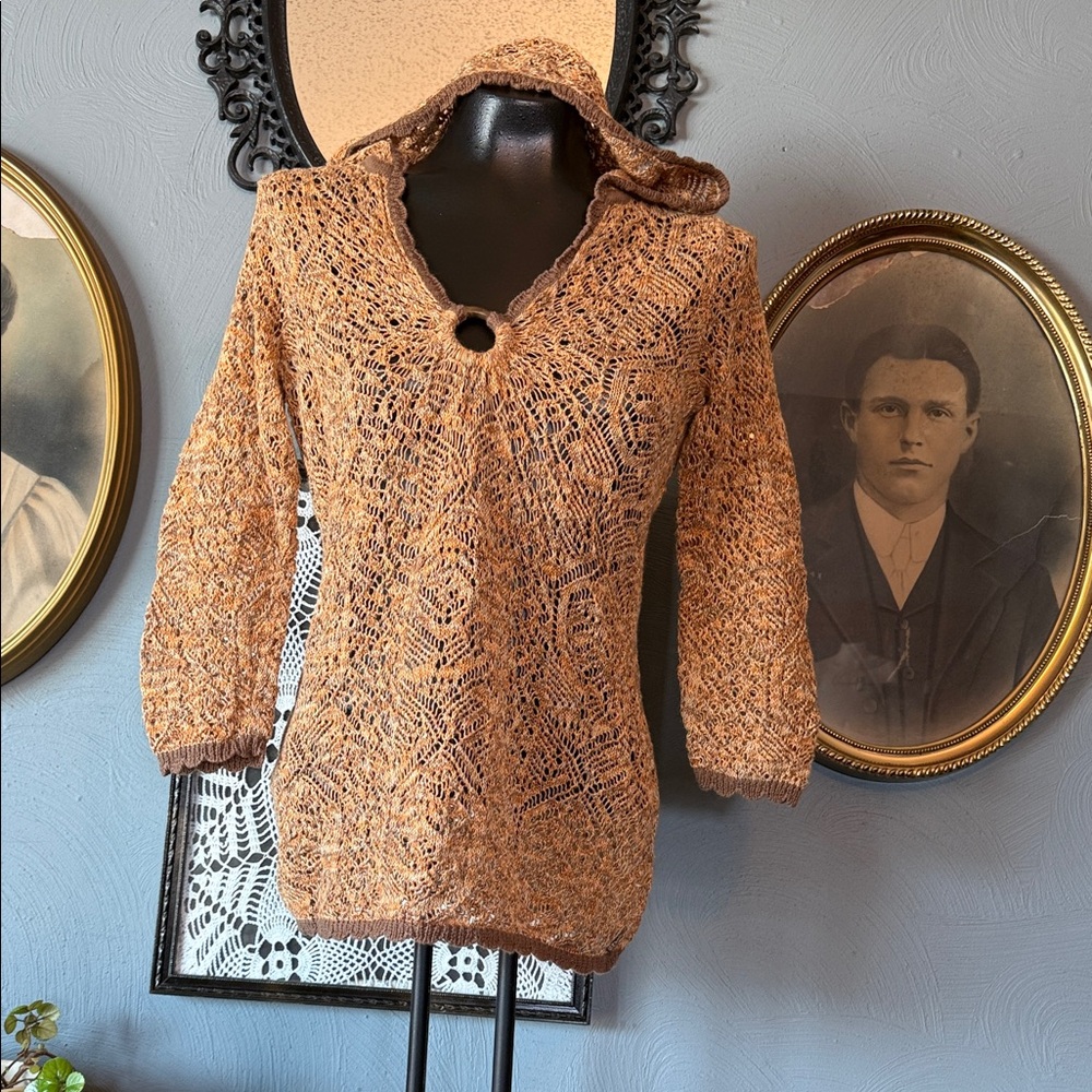 DKNY V-Neck Hooded Sweater in Tan